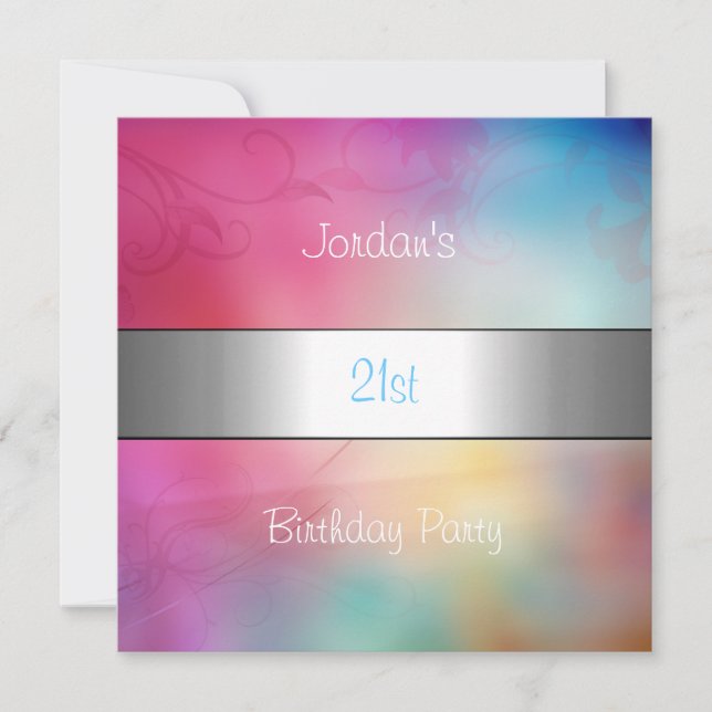 Rainbow Clouds Silver Trim 21st Birthday Party Invitation (Front)