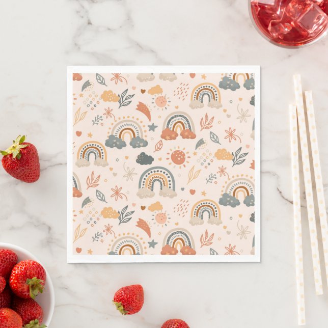 Rainbow Clouds Sun Pattern, Earth Tones Napkin (Insitu)