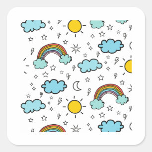 Rainbow Clouds Sun Stars Pattern For Kids Square Sticker