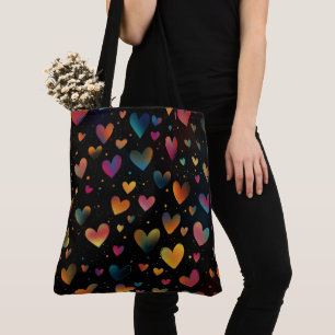Rainbow Colored Hearts Galaxy Black Background Tote Bag