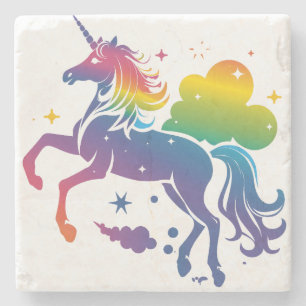 Rainbow colored unicorn design stone coaster