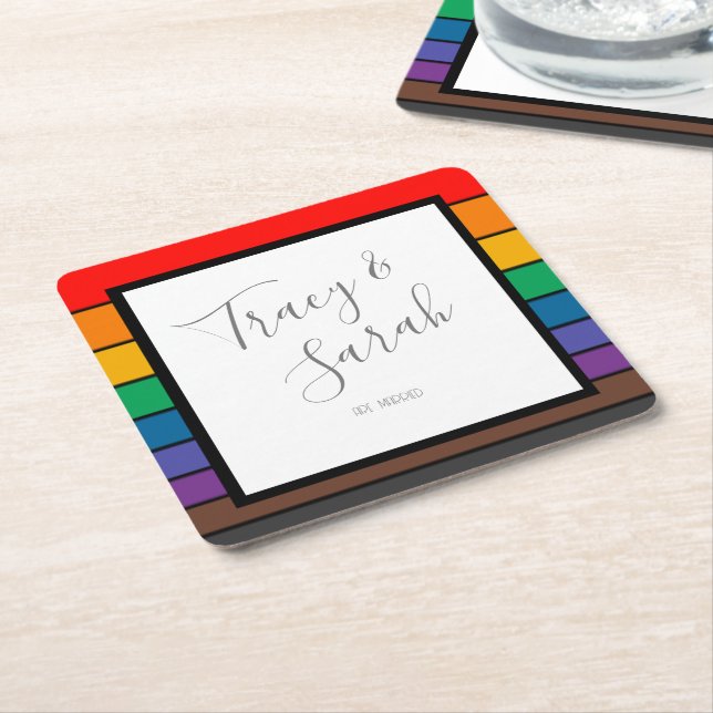 Rainbow Colour block Stripes Square Paper Coaster (Angled)