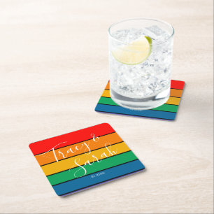 Rainbow Colour block Stripes Square Paper Coaster