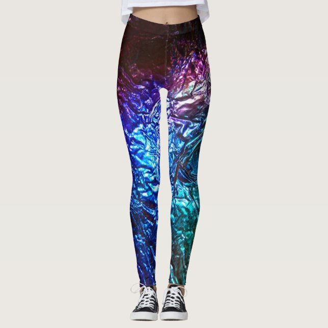 Rainbow Colour Crumpled Foil Effect Graphic Print Leggings (Front)