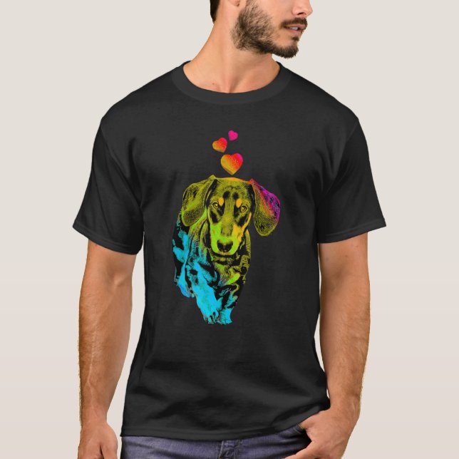Rainbow Colour Dachshund Dog with Hearts Colourful T-Shirt (Front)