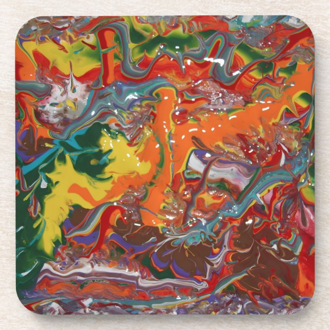 Rainbow Colour Flow Paint Art Coaster (Front)