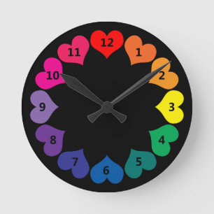 Rainbow Colour Hearts on Black Clock with Numbers
