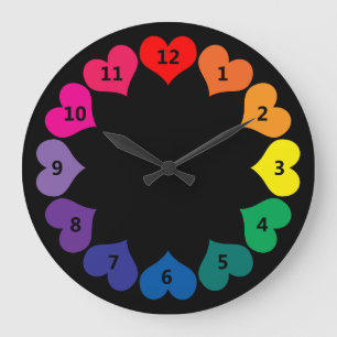 Rainbow Colour Hearts on Black Clock with Numbers