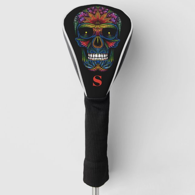 Rainbow Colour Mexican Sugar Skull Monogram Initia Golf Head Cover (Front)