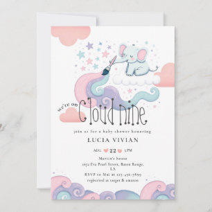 Rainbow Colour On Cloud 9 Elephant Girl Baby Showe Invitation