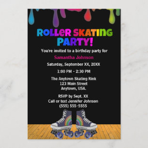 Rainbow Colour Paint Drip Roller Skating Birthday Invitation