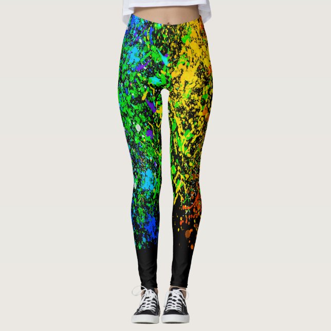 Rainbow Colour Paint Splatter Drip Fashion Leggings (Front)