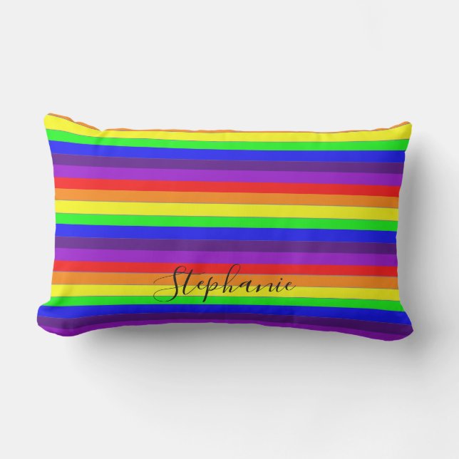 Rainbow Colour Stripes Lines Abstract Monogram Coo Lumbar Pillow (Front)