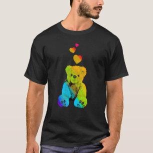 Rainbow Colour Teddy Bear with Hearts Colourful T-Shirt