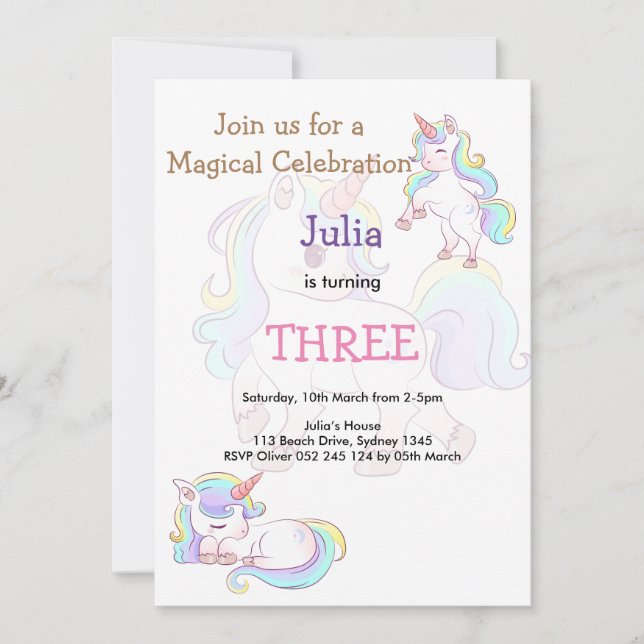 Rainbow colour Unicorn baby girl birthday  Invitation (Front)