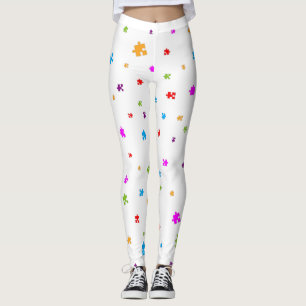 Rainbow Coloured Autism Puzzle Pieces on WHITE Leggings