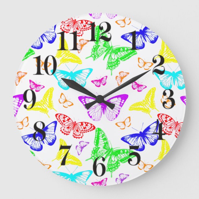 Rainbow Coloured Butterflies Flying Large Clock (Front)
