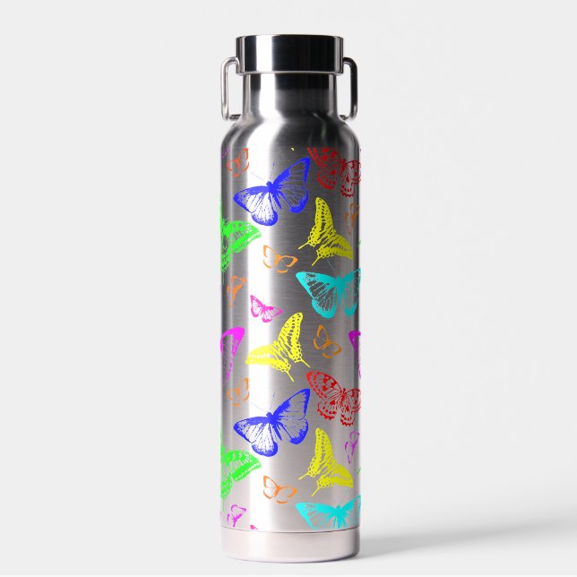 Rainbow Coloured Butterflies Flying Water Bottle (Front)