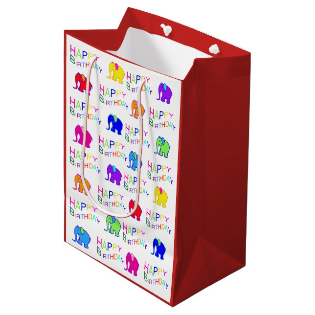 Rainbow Coloured Cartoon Elephants Happy Birthday Medium Gift Bag (Front Angled)