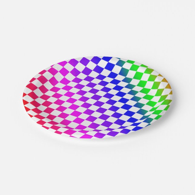 Rainbow Coloured Chequered Pattern Paper Plate (Angled)