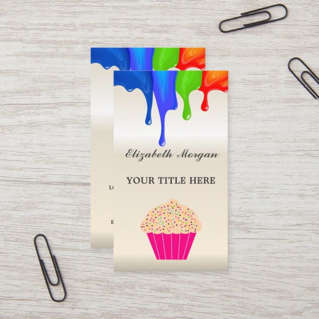 Rainbow coloured cupcake, chef Bakery Business Car Business Card (Front/Back In Situ)