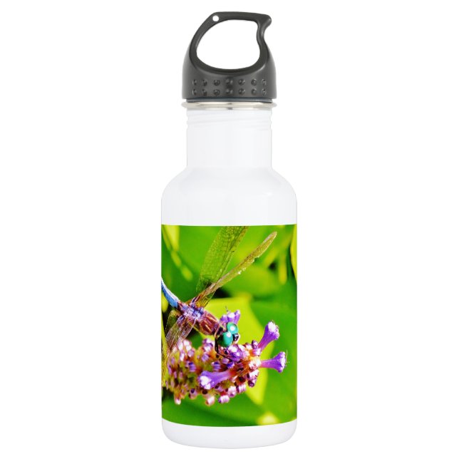 Rainbow coloured Dragonfly  on a purple pink flowe 532 Ml Water Bottle (Front)