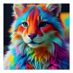 Rainbow Coloured Fur Cat Poster