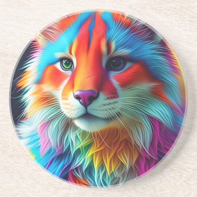 Rainbow Coloured Furry Cat-68587 Coaster (Front)