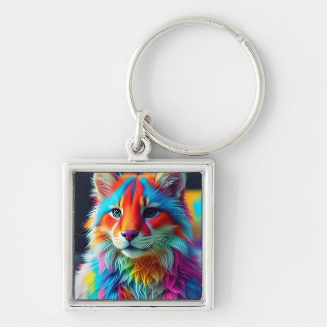 Rainbow Coloured Furry Cat-68587 Keychain (Front)