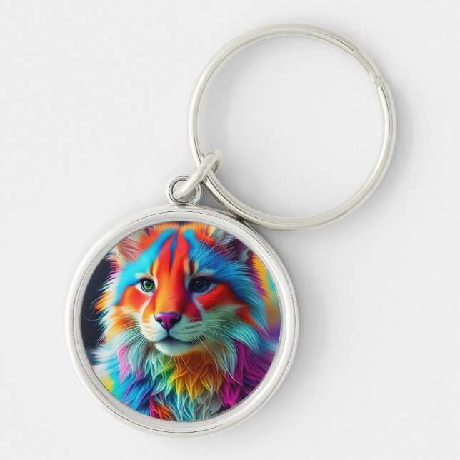 Rainbow Coloured Furry Cat-68587 Keychain (Front)
