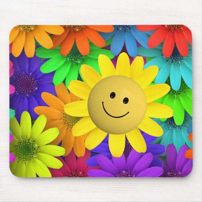 Rainbow Coloured Happy Face Flowers Mouse Pad (Front)