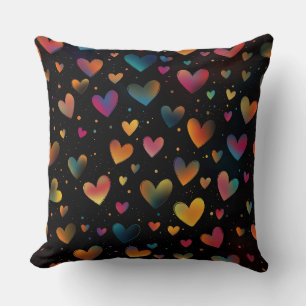Rainbow Coloured Hearts Galaxy Black Background Throw Pillow