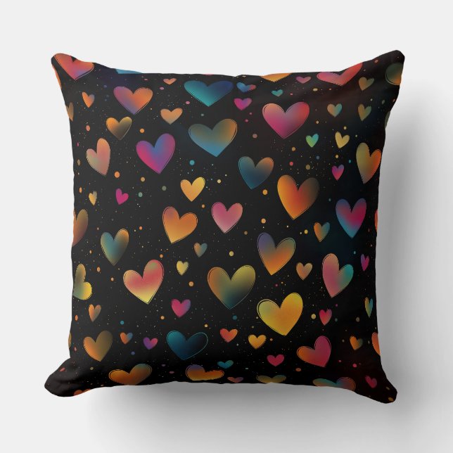 Rainbow Coloured Hearts Galaxy Black Background Throw Pillow (Front)