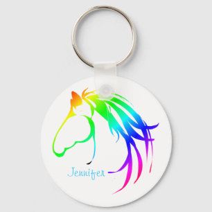 Rainbow Coloured Horse Head Logo Custom Name Keychain