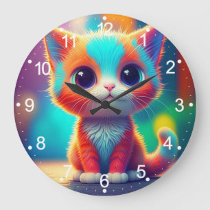 Rainbow Coloured Kitten Cartoon  Large Clock