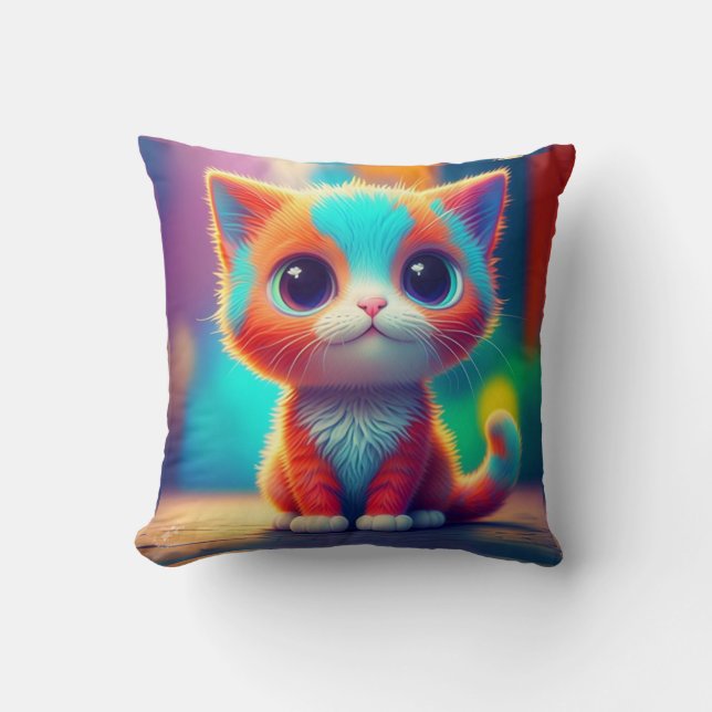 Rainbow Coloured Kitten Cartoon  Throw Pillow (Front)