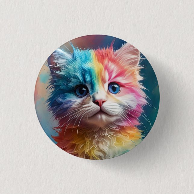 Rainbow Coloured Kitten Potrait  1 Inch Round Button (Front)