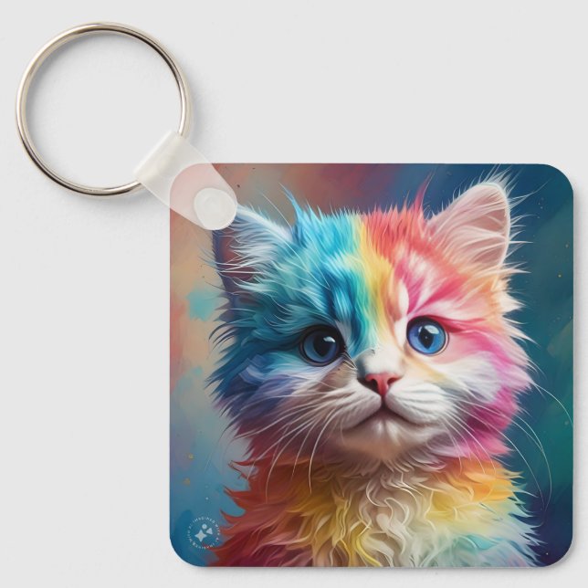 Rainbow Coloured Kitten Potrait  Keychain (Front)