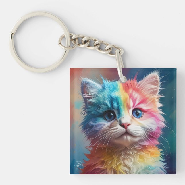 Rainbow Coloured Kitten Potrait  Keychain (Front)