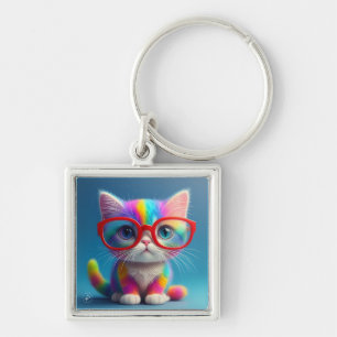 Rainbow Coloured Kitten Wearing Glasses-46568 Keychain