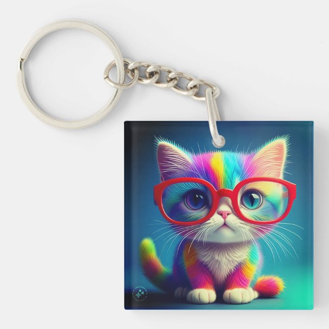 Rainbow Coloured Kitten Wearing Glasses-46568 Keychain (Front)