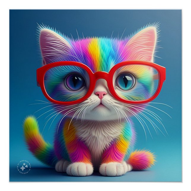 Rainbow Coloured Kitten Wearing Glasses-46568 Poster (Front)