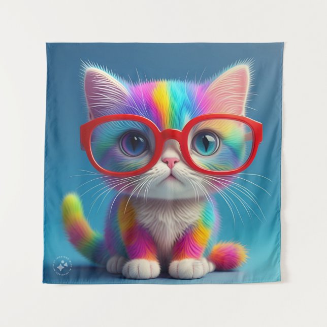 Rainbow Coloured Kitten Wearing Glasses-46568 Tapestry (Front)