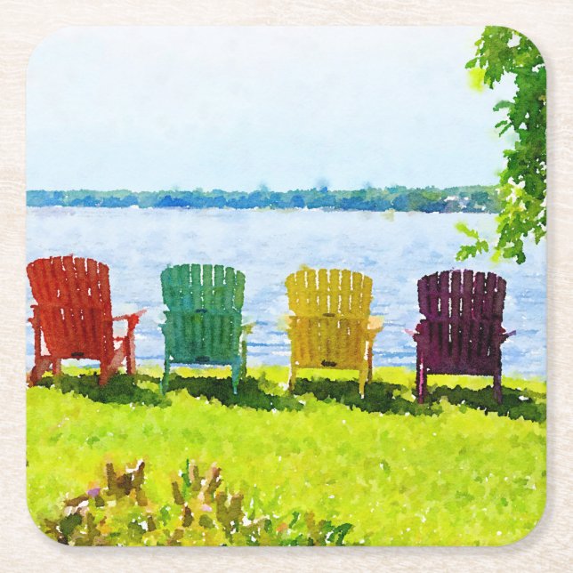 Rainbow Coloured Lakeside Adirondack Chairs Square Paper Coaster (Front)