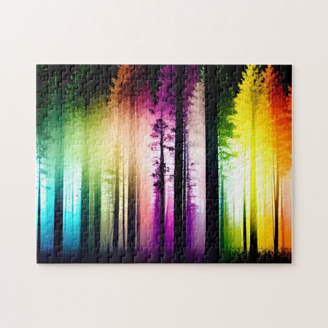 Rainbow Coloured Mist in Black Silhouette Forest Jigsaw Puzzle (Horizontal)