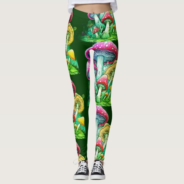 Rainbow Coloured Mushrooms on Customized Modern Leggings (Front)