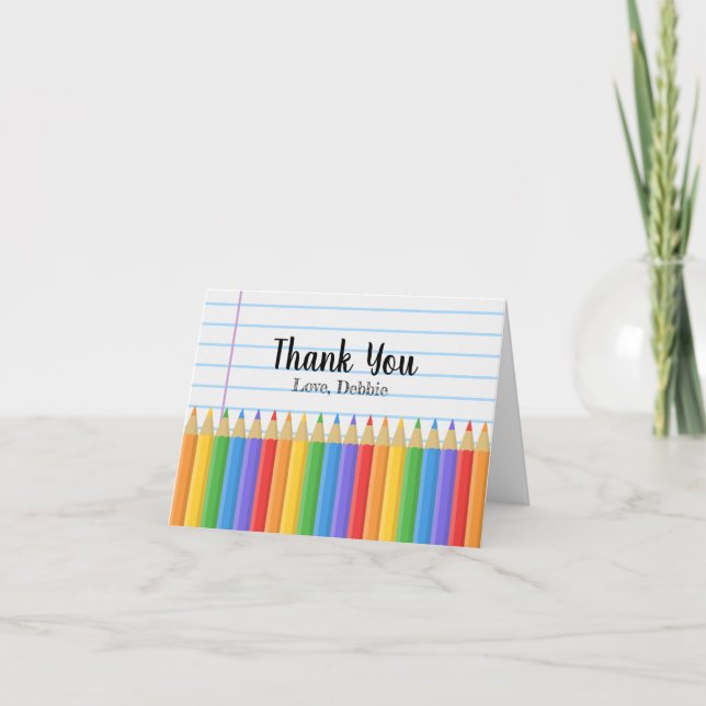Rainbow Coloured Pencils Lined Paper Teacher Thank You Card (Front)
