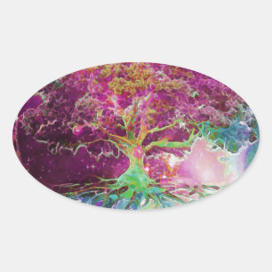 Rainbow Coloured Tree of Life Oval Sticker
