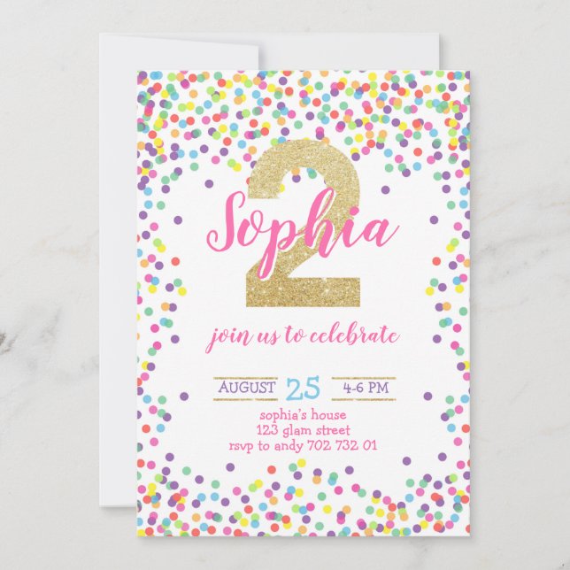 Rainbow Colourful Confetti Gold Girl 2nd Birthday Invitation (Front)