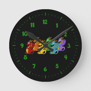Rainbow colourful dragons cartoon  round clock